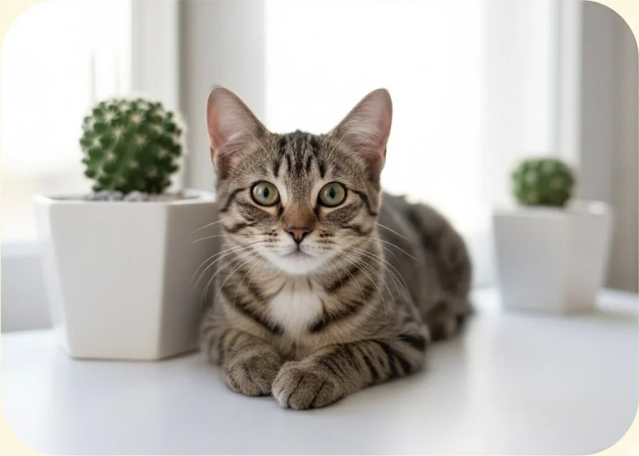 Tabby kitten with white chest sitting calmly beside potted plant in bright indoor space