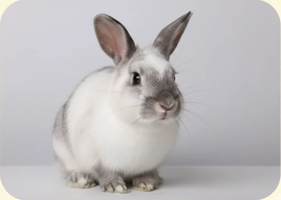White rabbit with grey markings and upright ears sitting on light blue background